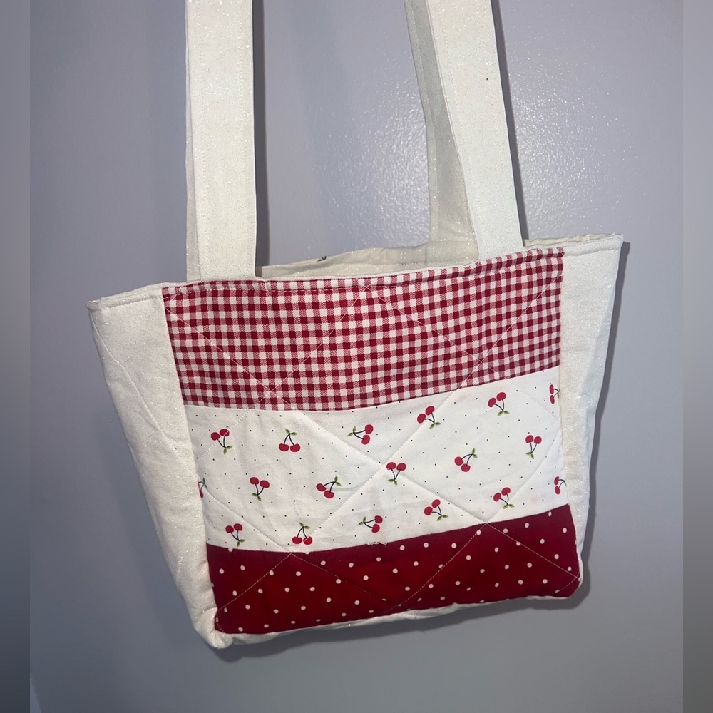 Patchwork Cherry Tote Bag - Red And White - image 2